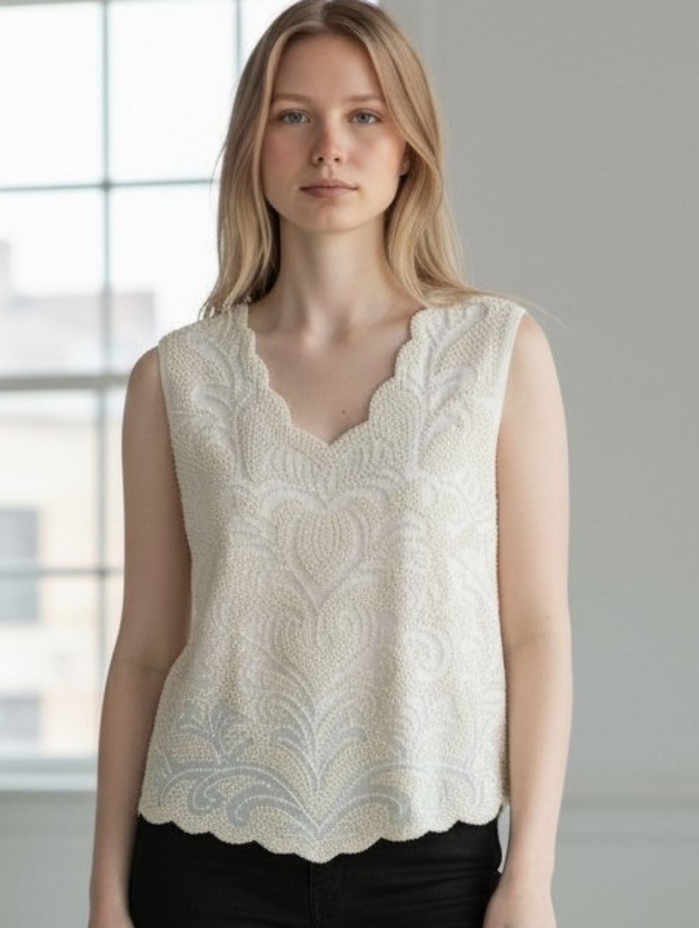 Vintage Dress Barn Cream Beaded Sequin Blouse Scalloped Trim Size Large Event